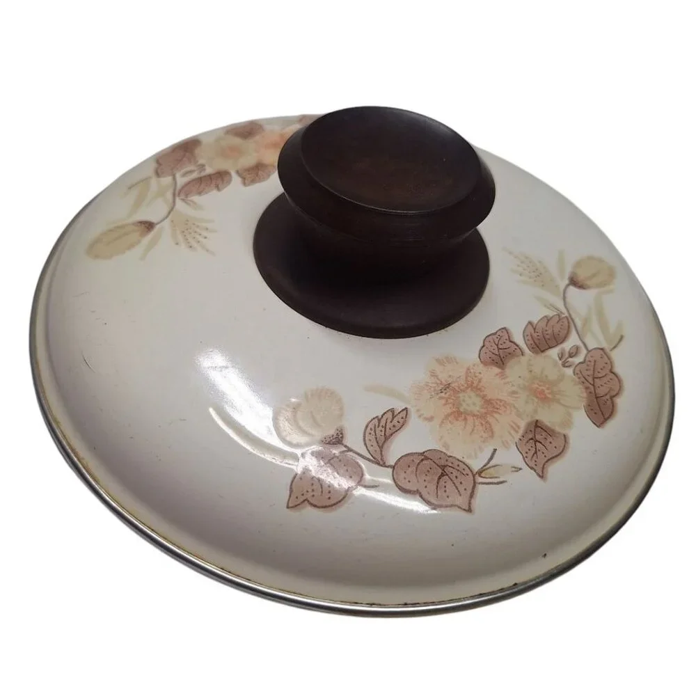 Vintage Metal Lid Pot Pan Brown Flowers Cream 6.5 Inch  Handle‎ Leaves Cookware